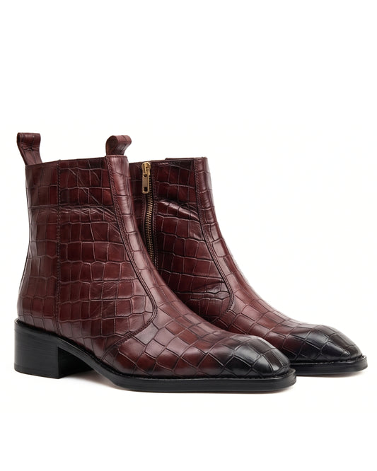Marcello Crocodile-Embossed Chelsea Boots in Oxblood Brown by Martin Germont, pair view
