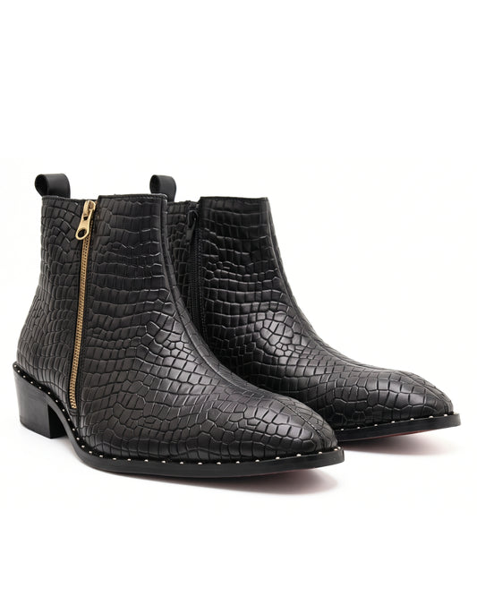Romano Crocodile-Embossed Zip Chelsea Boots in Midnight Black by Martin Germont, pair view