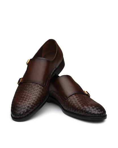 Vittorio Woven-Effect Double-Buckle Loafers | Espresso Brown, angled view