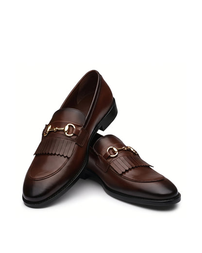Cavaliere Fringed Horsebit Loafers | Espresso Brown, angled view