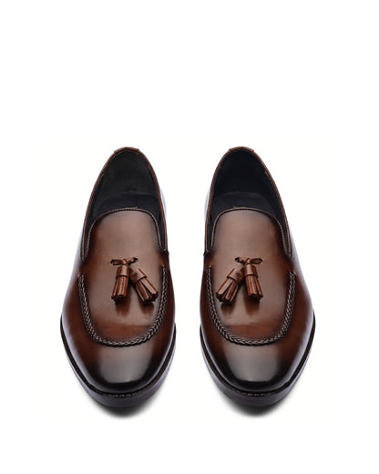 Lorenzo Tassel Loafers | Mahogany Brown, leather detail