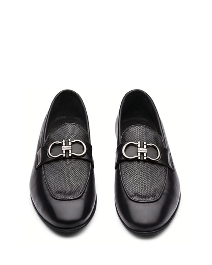 Imperio Embossed Horsebit Loafers | Obsidian Black, leather detail