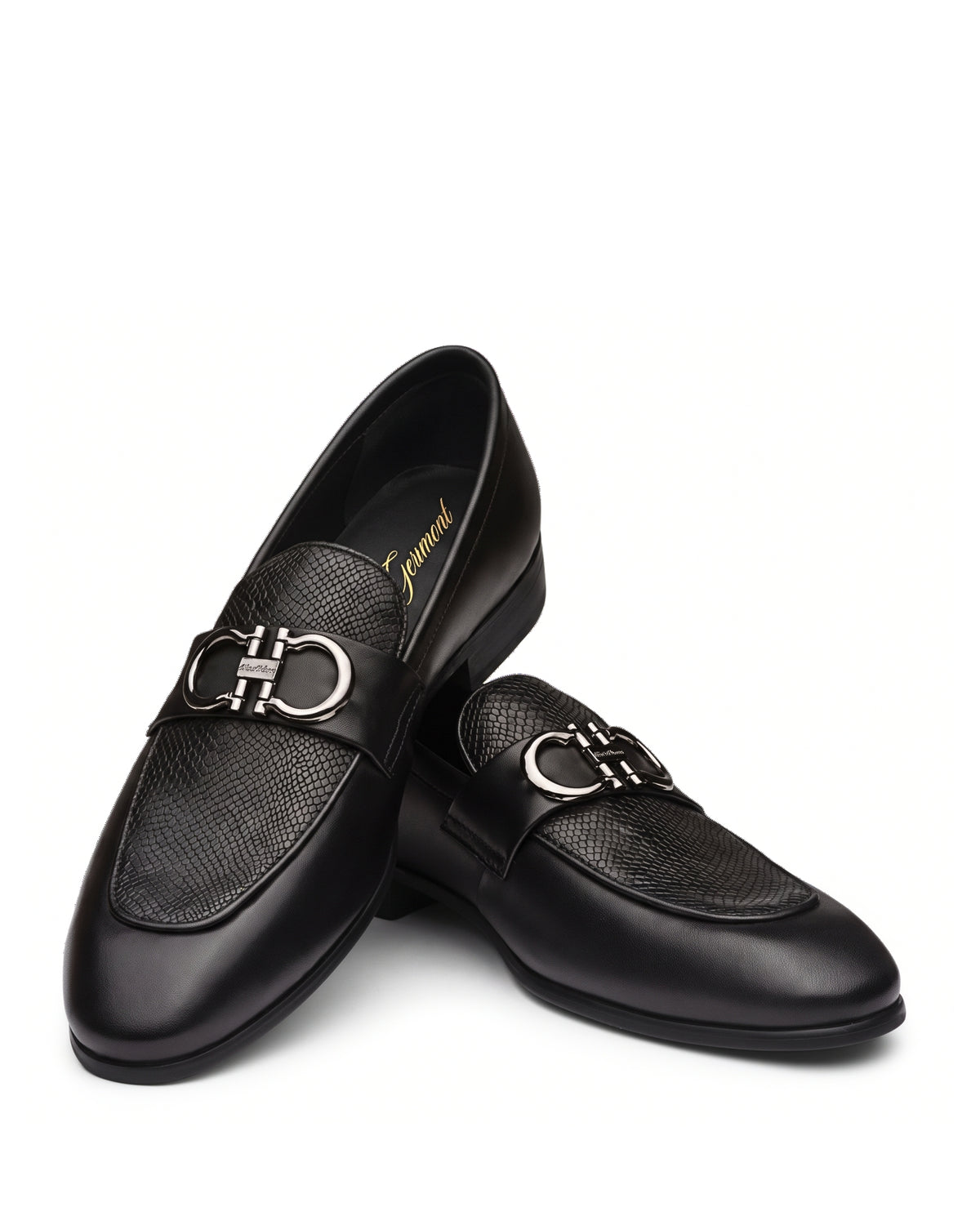 Imperio Embossed Horsebit Loafers | Obsidian Black, angled view