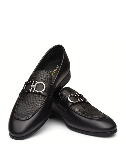 Imperio Embossed Horsebit Loafers | Obsidian Black, angled view