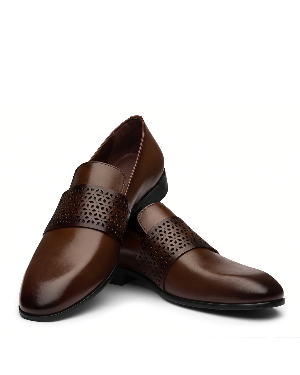 Varenna Perforated-Band Loafers | Cognac Brown, angled view