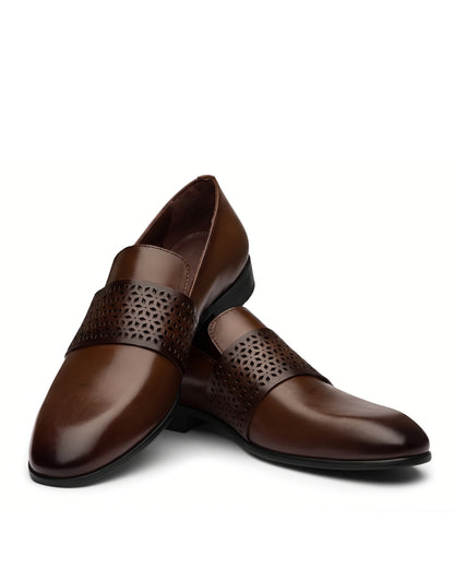 Varenna Perforated-Band Loafers | Cognac Brown, angled view