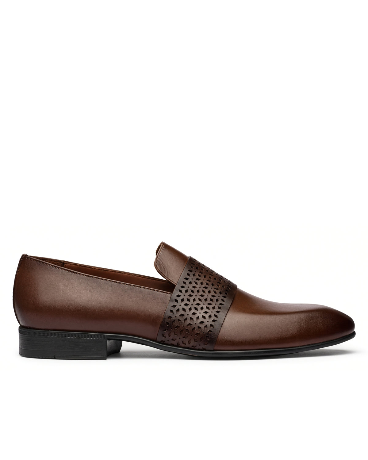 Varenna Perforated-Band Loafers | Cognac Brown, side profile