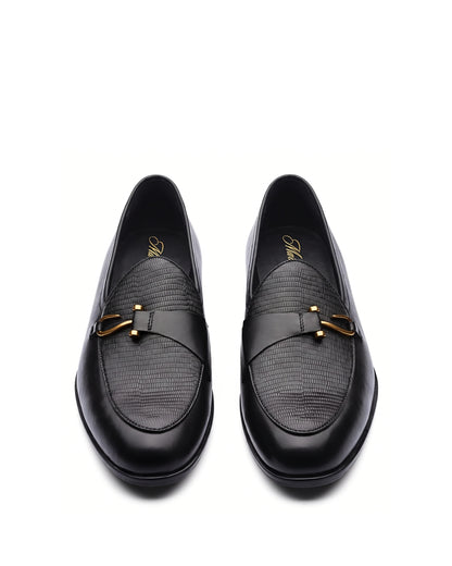 Bellagio Textured Horsebit Loafers | Obsidian Black, leather detail