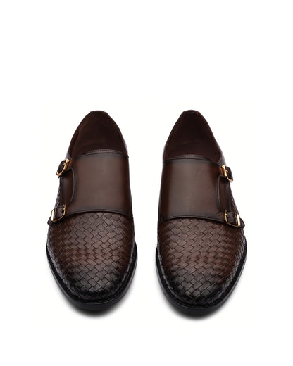 Vittorio Woven-Effect Double-Buckle Loafers | Espresso Brown, leather detail