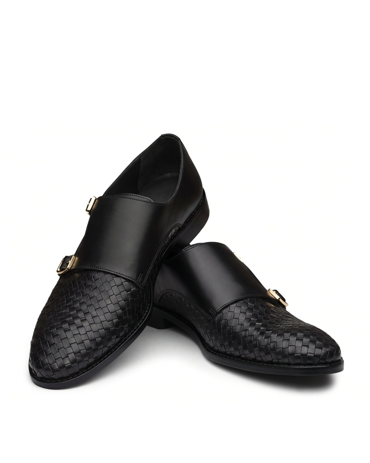 Vittorio Woven-Effect Double-Buckle Loafers | Obsidian Black, angled view