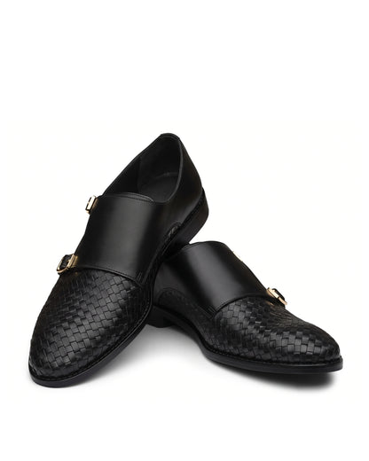 Vittorio Woven-Effect Double-Buckle Loafers | Obsidian Black, angled view
