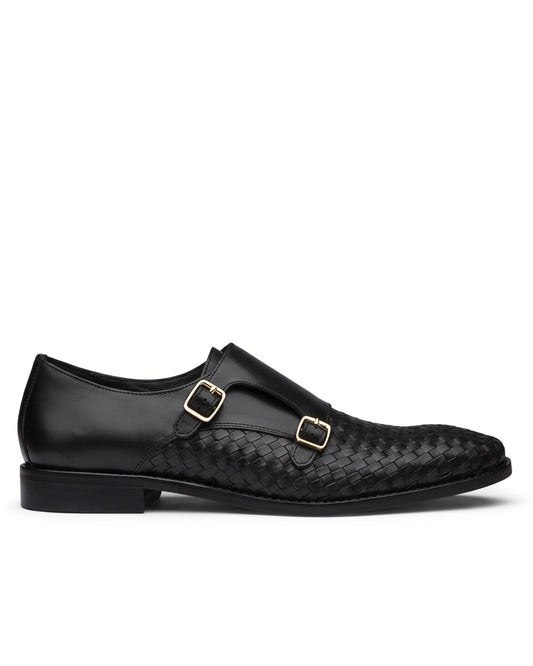 Vittorio Woven-Effect Double-Buckle Loafers | Obsidian Black, side profile