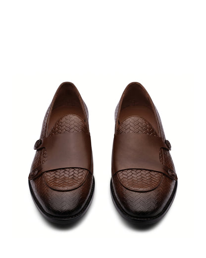 Regente Woven-Effect Side-Strap Loafers | Chestnut Brown, leather detail