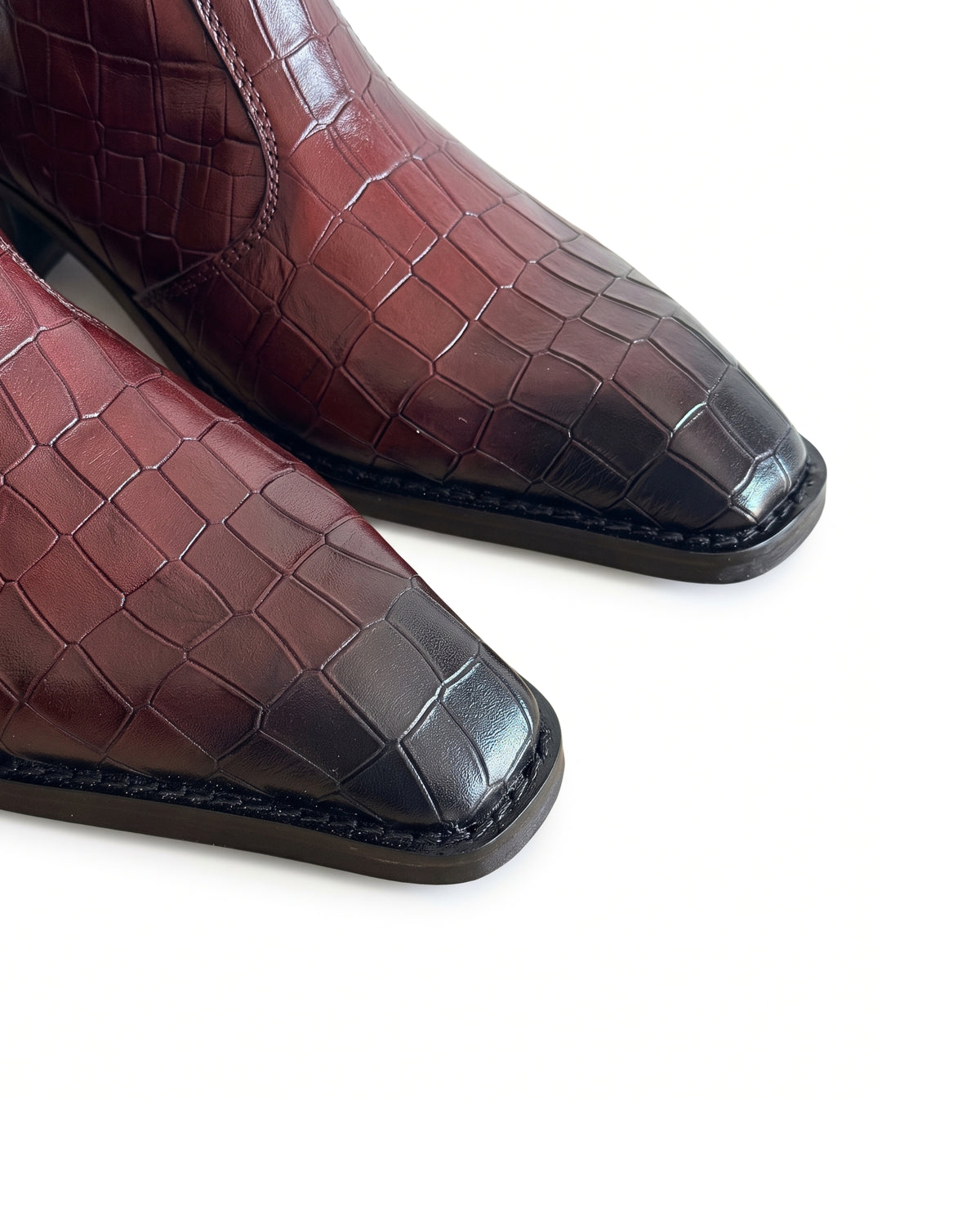 Marcello Crocodile-Embossed Chelsea Boots in Oxblood Brown by Martin Germont, upper and toe detail