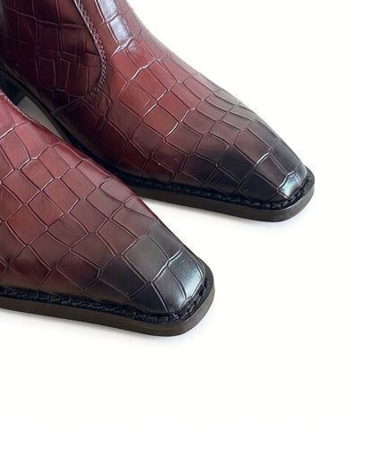 Marcello Crocodile-Embossed Chelsea Boots in Oxblood Brown by Martin Germont, upper and toe detail