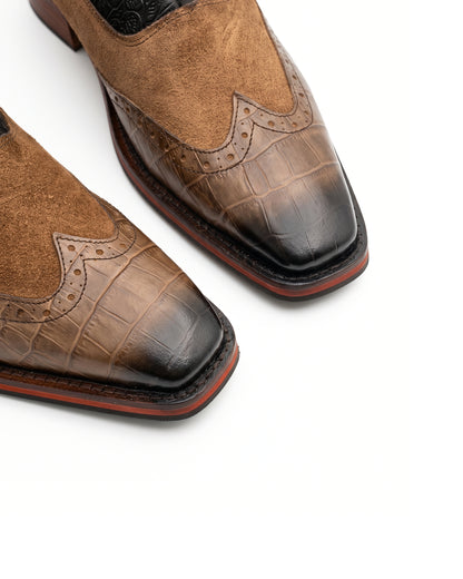 Ravello Floral-Embossed Chelsea Boots in Brown Toe by Martin Germont, upper and toe detail