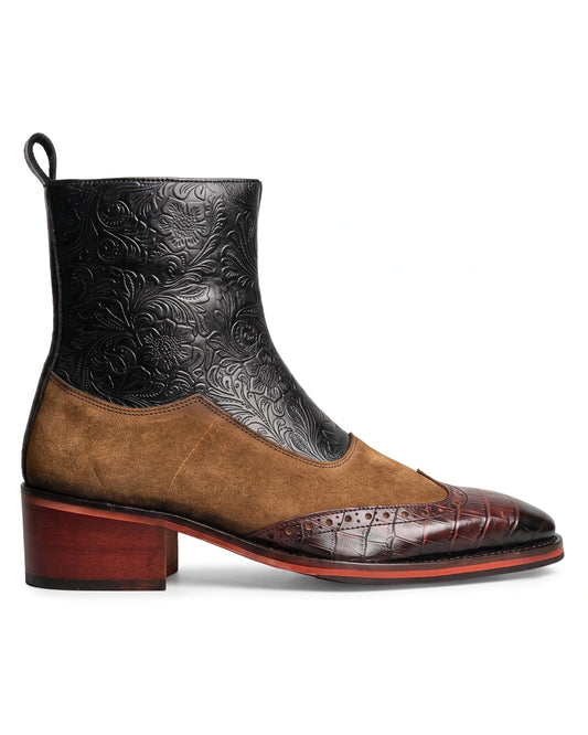 Ravello Floral-Embossed Chelsea Boots in Burgundy Toe by Martin Germont, side profile