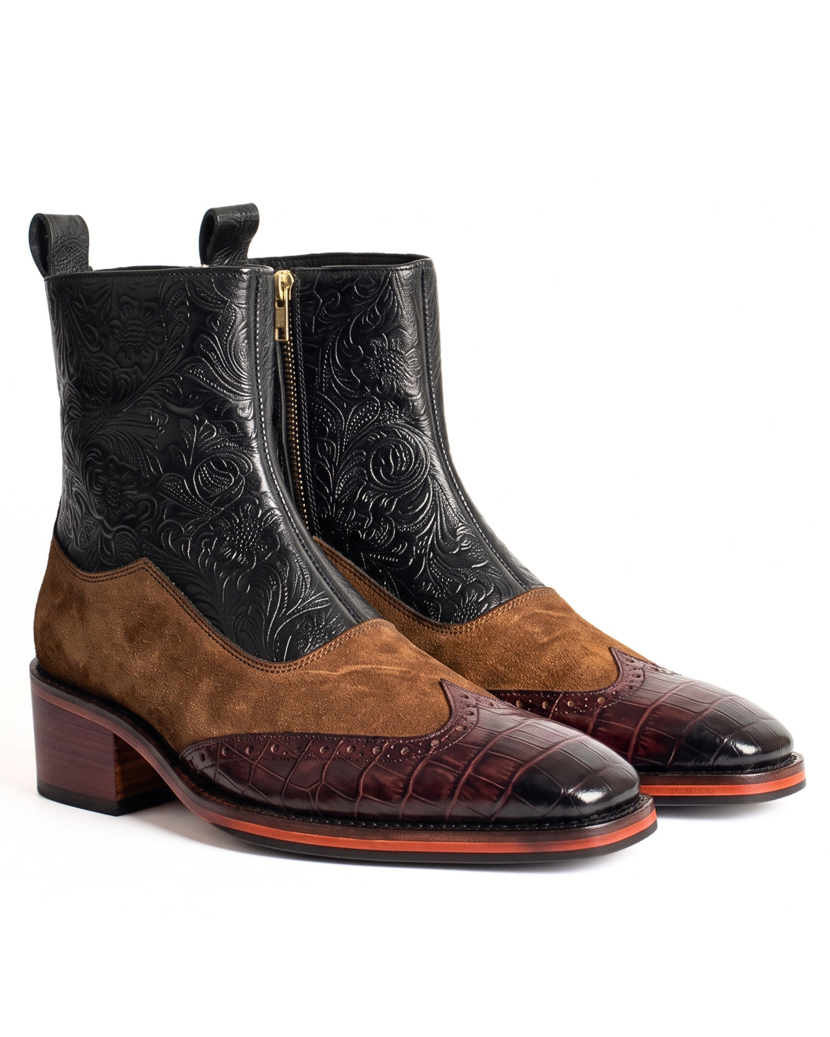 Ravello Floral-Embossed Chelsea Boots in Burgundy Toe by Martin Germont, pair view