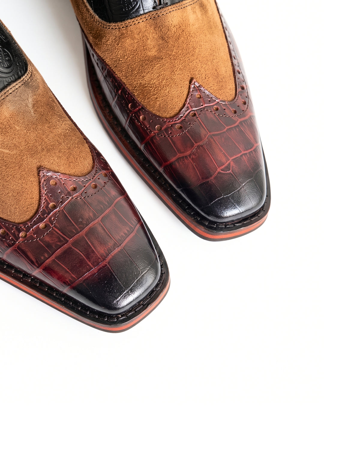 Ravello Floral-Embossed Chelsea Boots in Burgundy Toe by Martin Germont, upper and toe detail