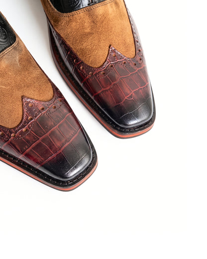 Ravello Floral-Embossed Chelsea Boots in Burgundy Toe by Martin Germont, upper and toe detail