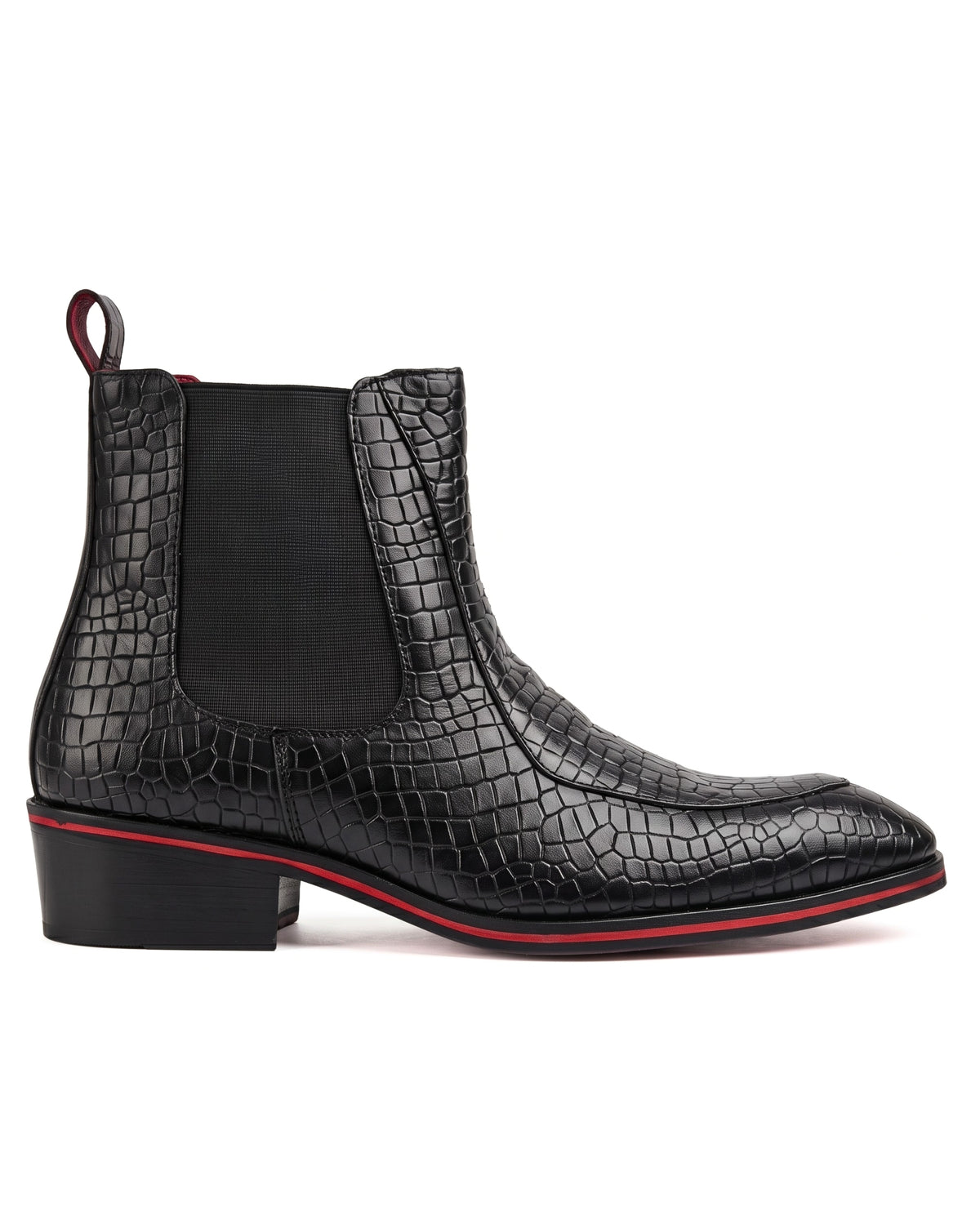 Romano Crocodile-Embossed Chelsea Boots in Obsidian Black by Martin Germont, side profile