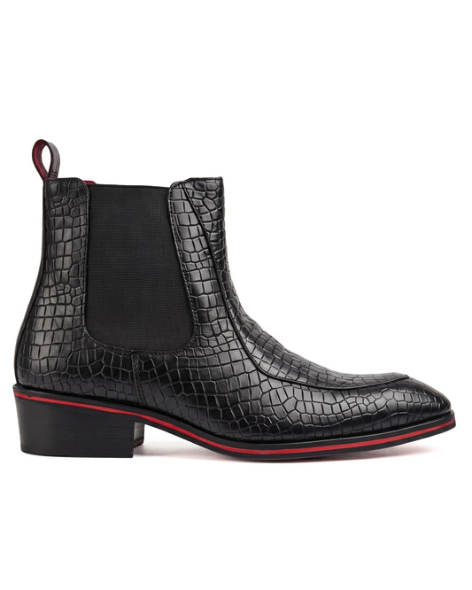 Romano Crocodile-Embossed Chelsea Boots in Obsidian Black by Martin Germont, side profile