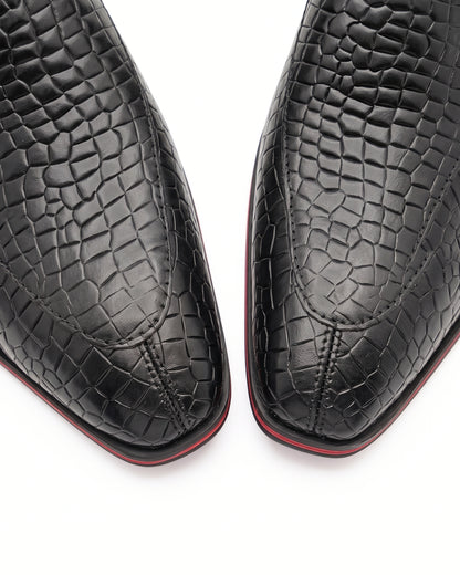 Romano Crocodile-Embossed Chelsea Boots in Obsidian Black by Martin Germont, upper and toe detail