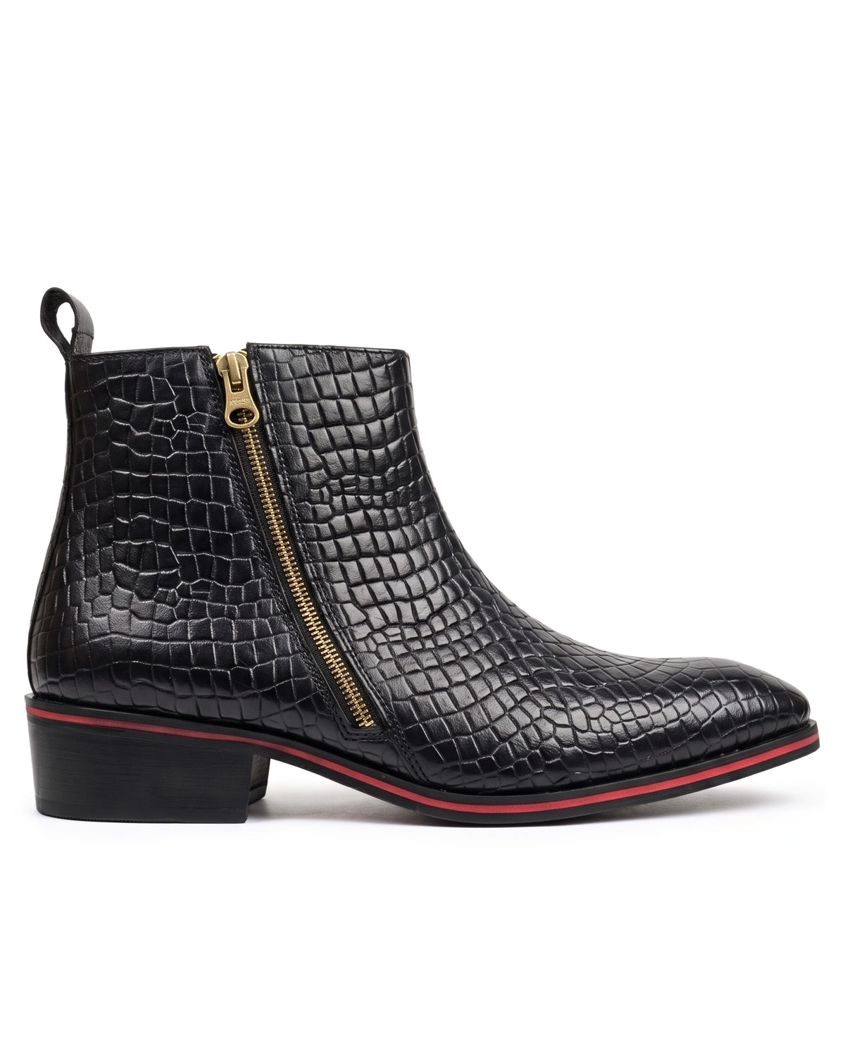 Romano Crocodile-Embossed Zip Chelsea Boots in Crimson-Welt Black by Martin Germont, side profile