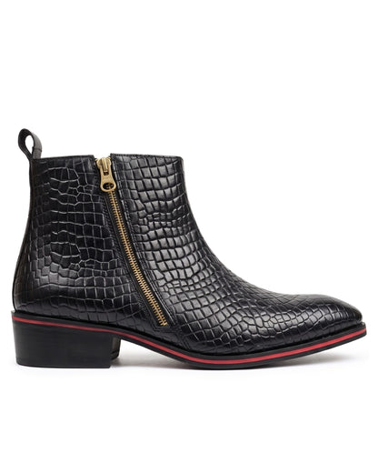 Romano Crocodile-Embossed Zip Chelsea Boots in Crimson-Welt Black by Martin Germont, side profile