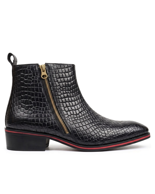 Romano Crocodile-Embossed Zip Chelsea Boots in Crimson-Welt Black by Martin Germont, side profile