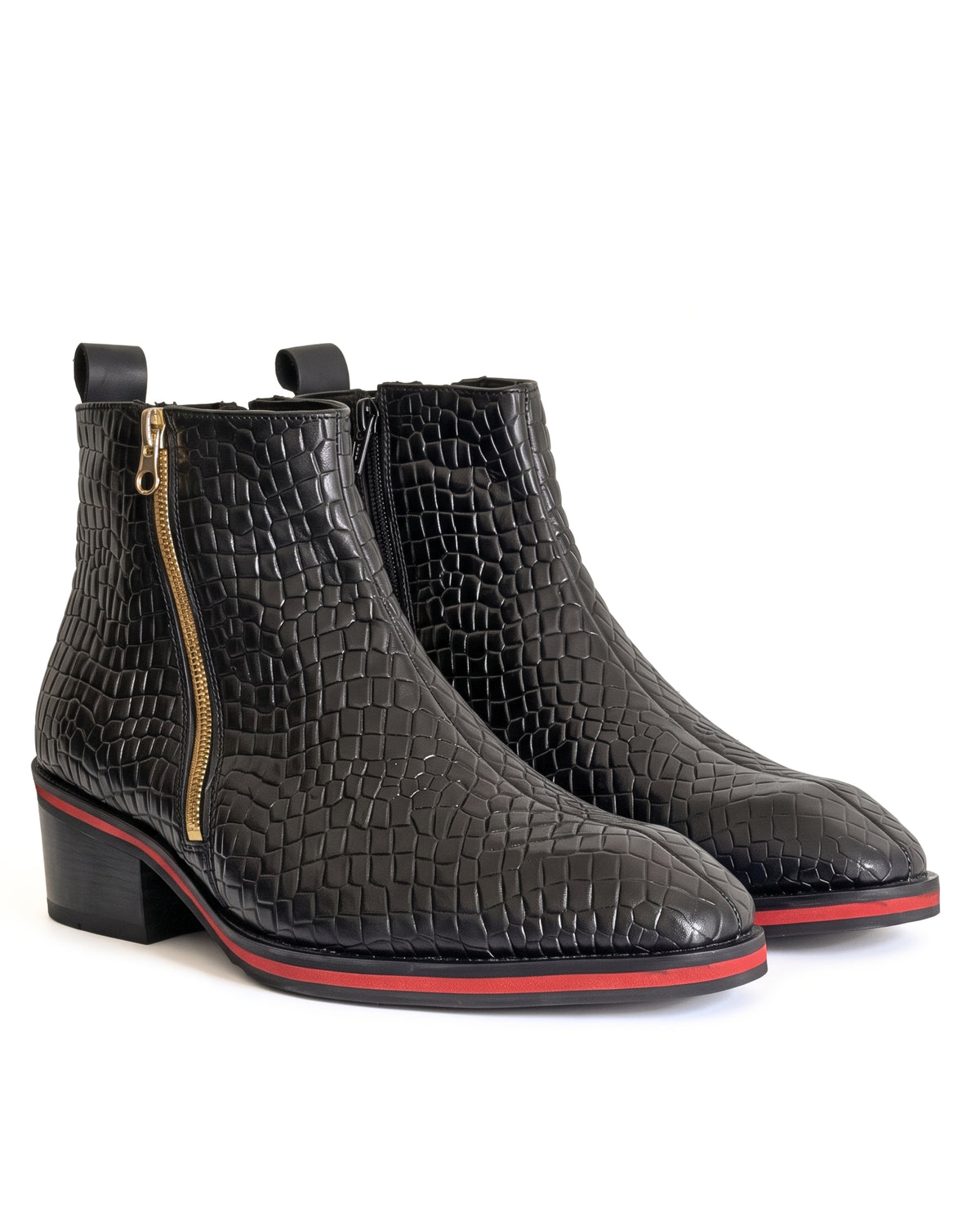 Romano Crocodile-Embossed Zip Chelsea Boots in Crimson-Welt Black by Martin Germont, pair view