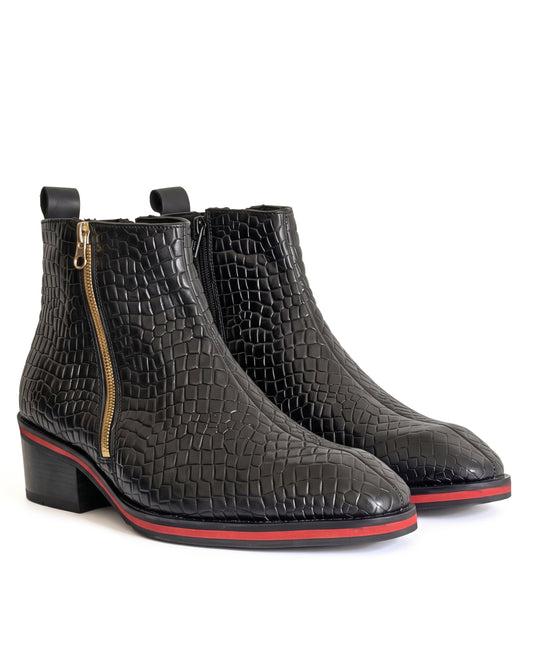 Romano Crocodile-Embossed Zip Chelsea Boots in Crimson-Welt Black by Martin Germont, pair view