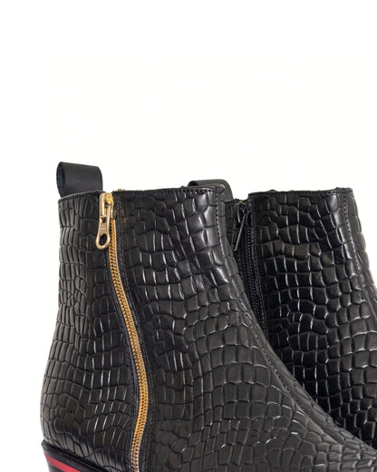 Romano Crocodile-Embossed Zip Chelsea Boots in Crimson-Welt Black by Martin Germont, alternate angle