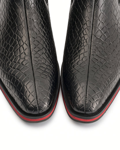 Romano Crocodile-Embossed Zip Chelsea Boots in Crimson-Welt Black by Martin Germont, upper and toe detail