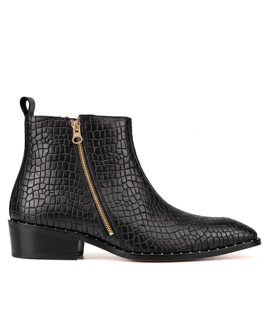 Romano Crocodile-Embossed Zip Chelsea Boots in Midnight Black by Martin Germont, side profile