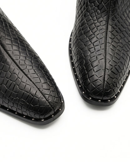Romano Crocodile-Embossed Zip Chelsea Boots in Midnight Black by Martin Germont, upper and toe detail